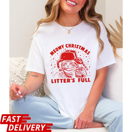 Meowy Christmas Shirt, Funny Cat Holiday Tee, Litter’s Full Cat Lovers Christmas Top, Cute Xmas Kitty Graphic Shirt, Pet Lover Gift Tee