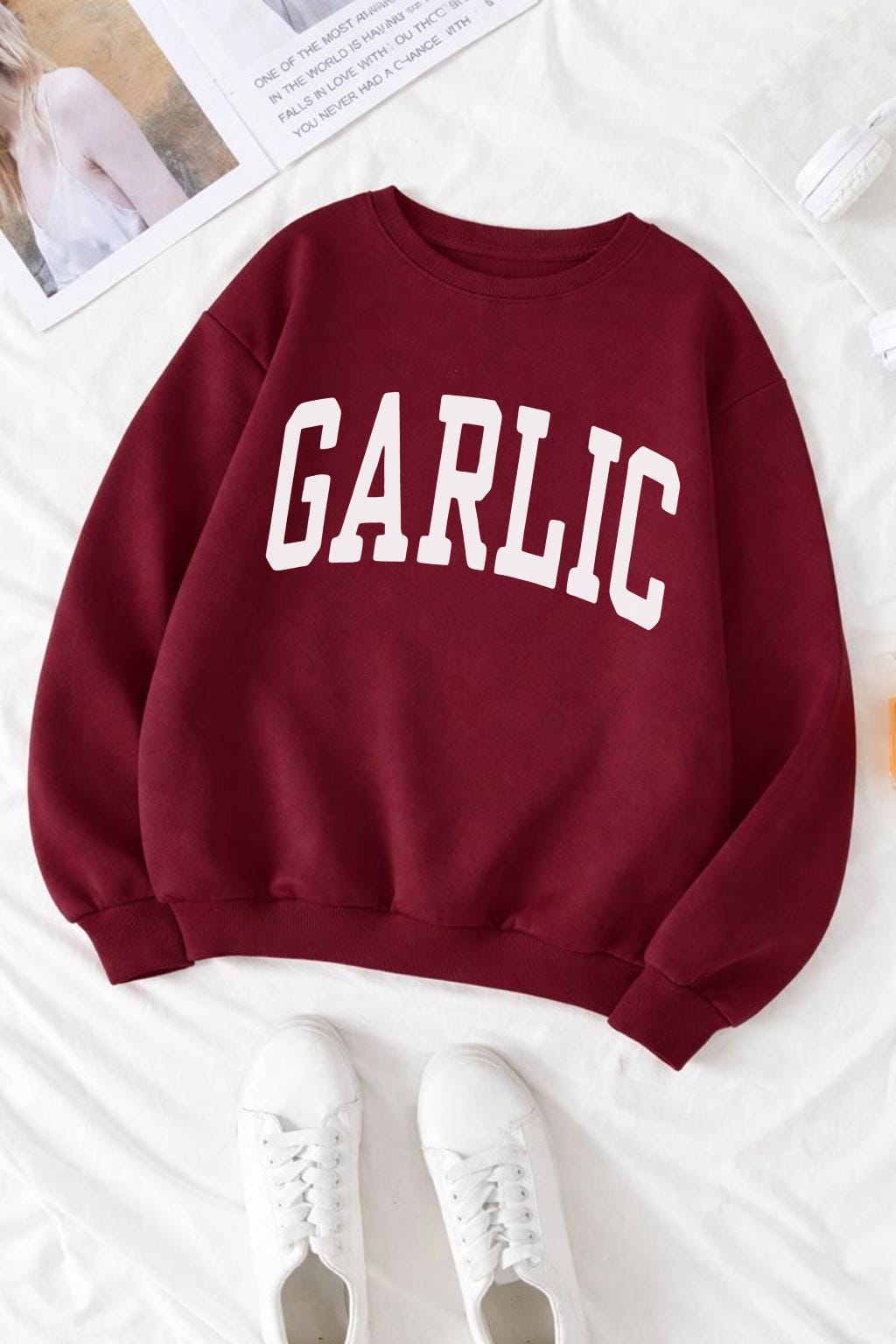 Garlic Shirt, Garlic Sweatshirt, Collegiate Crewneck Sweater, Christmas Gift for Italian Food Fans, Trendsetters and Fun Hoodie