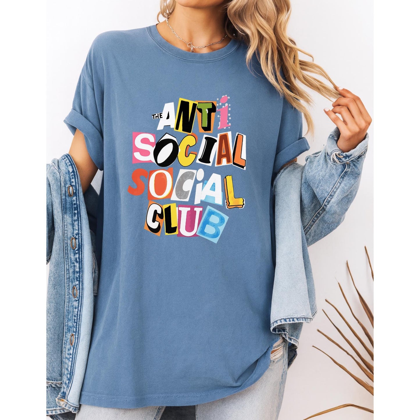 Anti Social Parody T-Shirt, Colorful Collage Letter Tee, Ransom Letter Style Funny Shirt, Anti Social Aesthetic Graphic Top, Social Club