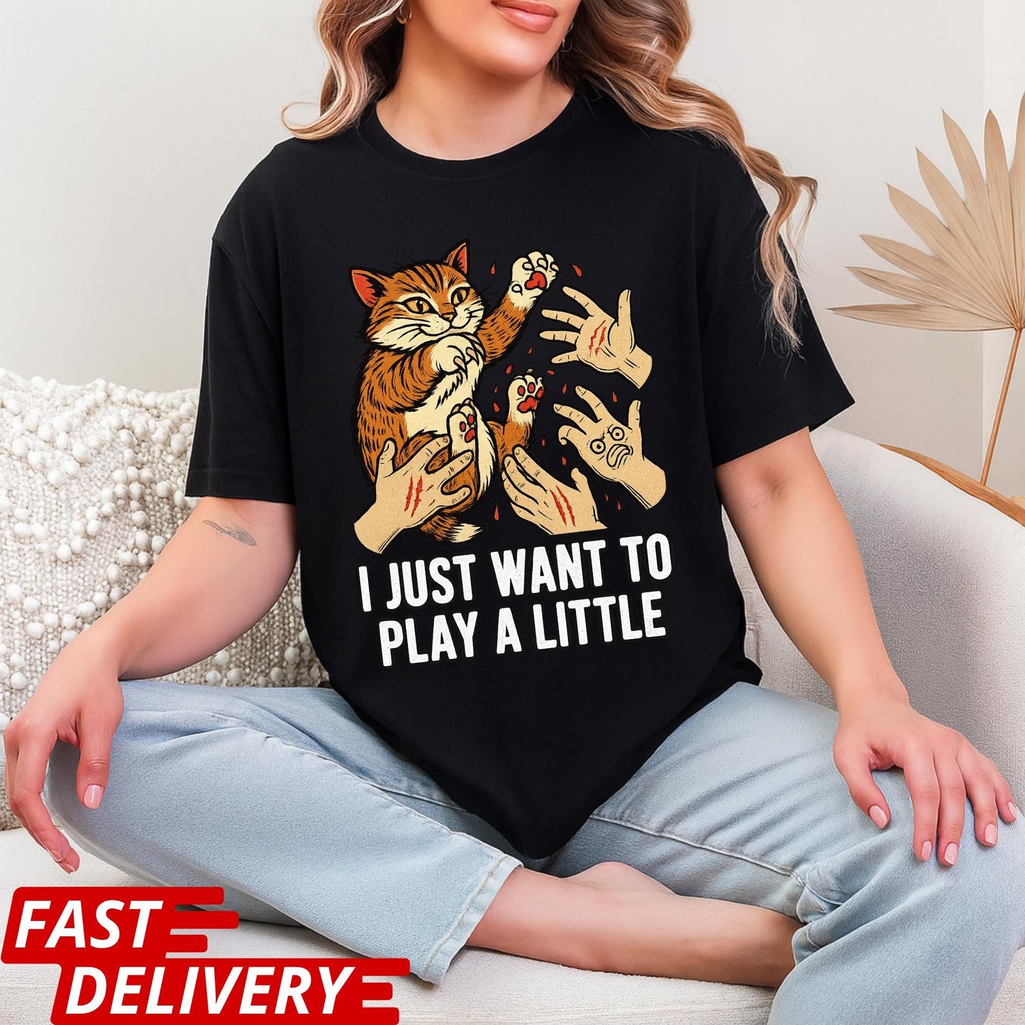 Funny Cat Shirt, I Just Want to Play a Little Tee, Cat Scratch Meme Shirt, Crazy Kitty Graphic Tee, Cat Lover Gift, Pet Owner Humor Top