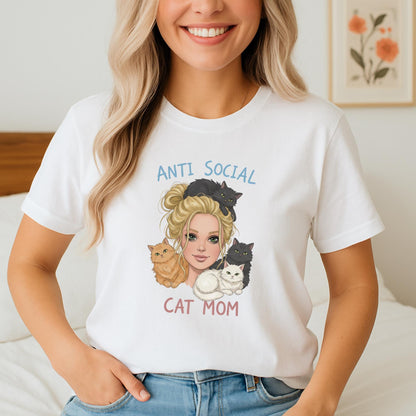 Anti Social Cat Mom T-Shirt, Cute Cat Lover Tee, Introvert Cat Mom Graphic Shirt, Funny Cat Lady Top, Gift for Cat Moms, Vintage Cat Tee