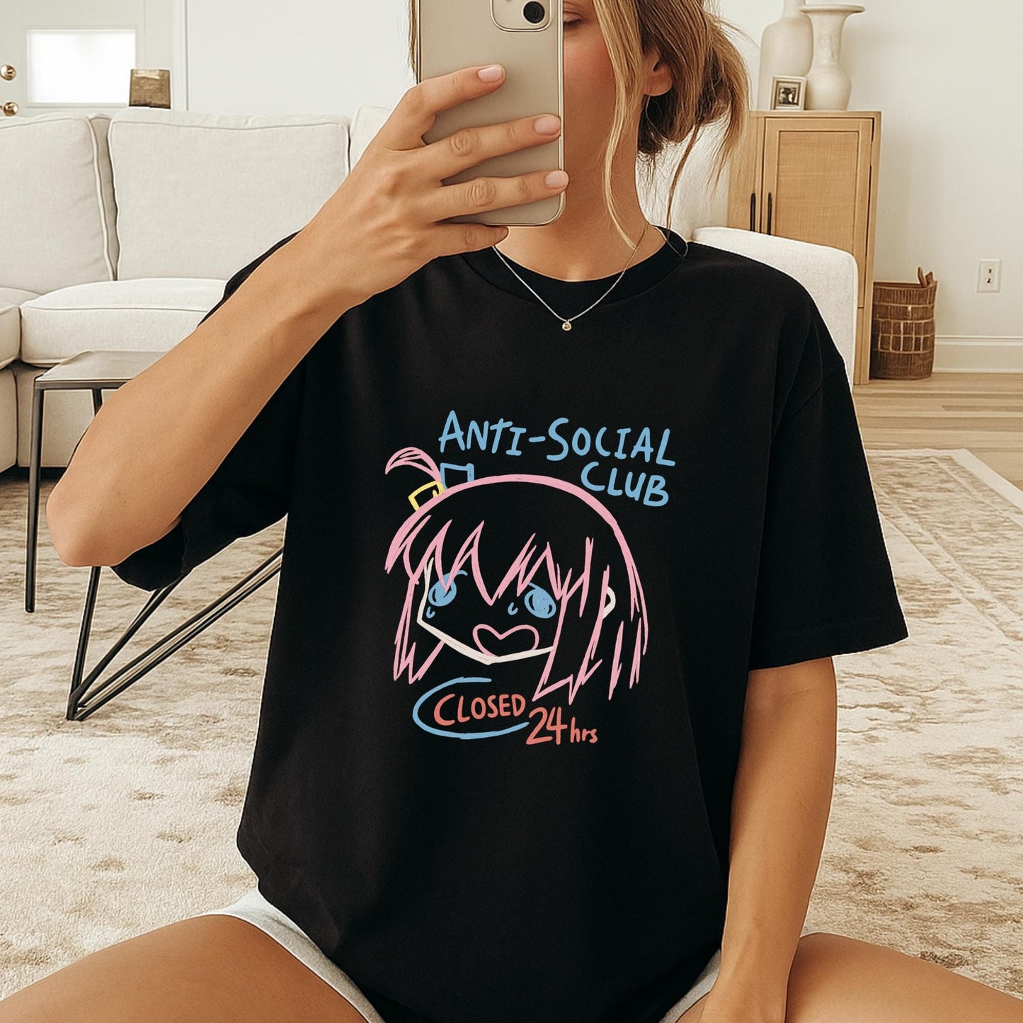Anti Social Club Anime T-Shirt, Kawaii Sad Girl Tee, Funny Introvert Shirt, Closed 24hrs Graphic Tee, Pastel Aesthetic Anime Top
