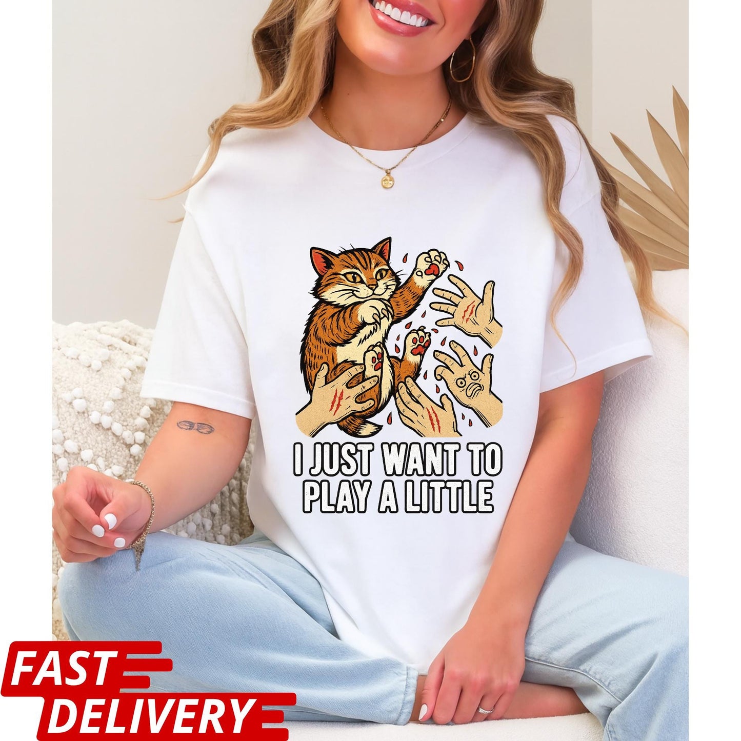 Funny Cat Shirt, I Just Want to Play a Little Tee, Cat Scratch Meme Shirt, Crazy Kitty Graphic Tee, Cat Lover Gift, Pet Owner Humor Top
