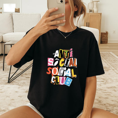 Anti Social Parody T-Shirt, Colorful Collage Letter Tee, Ransom Letter Style Funny Shirt, Anti Social Aesthetic Graphic Top, Social Club