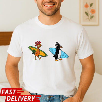 Surf Chicken & Penguin T-Shirt, Funny Surf Duo Tee, Beach Vibes Graphic Shirt, Summer Surf Lover Gift