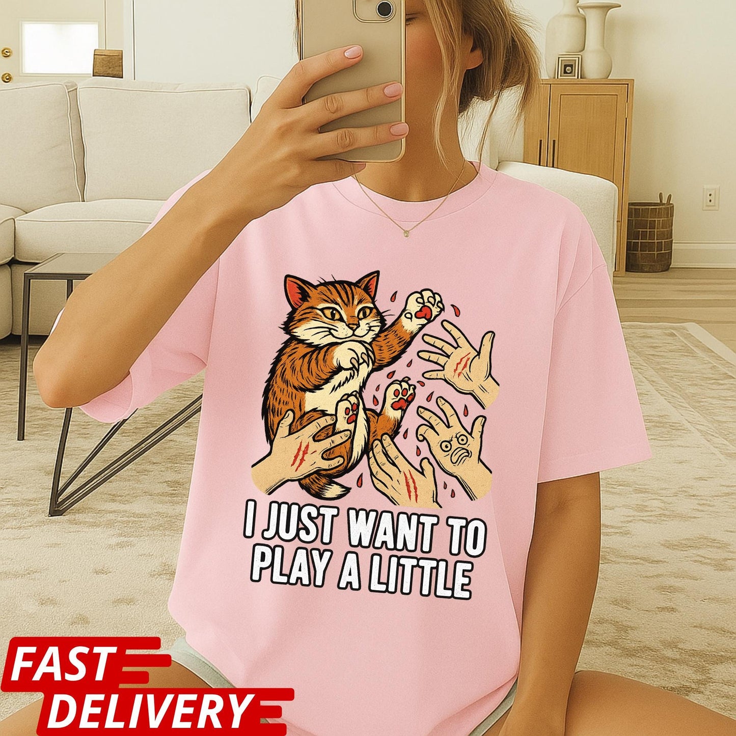 Funny Cat Shirt, I Just Want to Play a Little Tee, Cat Scratch Meme Shirt, Crazy Kitty Graphic Tee, Cat Lover Gift, Pet Owner Humor Top