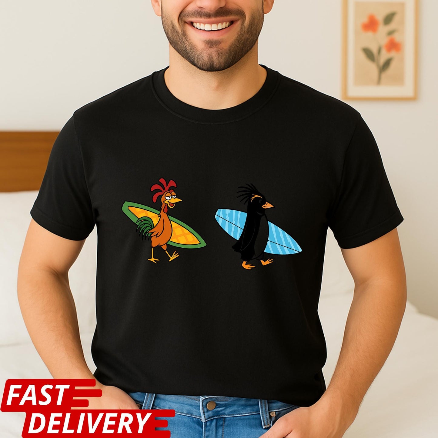 Surf Chicken & Penguin T-Shirt, Funny Surf Duo Tee, Beach Vibes Graphic Shirt, Summer Surf Lover Gift