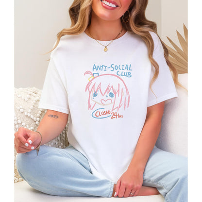 Anti Social Club Anime T-Shirt, Kawaii Sad Girl Tee, Funny Introvert Shirt, Closed 24hrs Graphic Tee, Pastel Aesthetic Anime Top