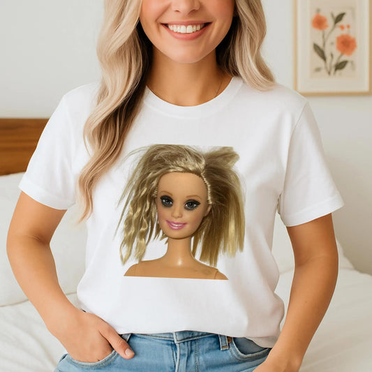 Messy Barbie Head T-Shirt, Funny Meme Tee, Viral TikTok Graphic Shirt, Y2K Aesthetic Top, Trendy Unisex Oversized Tee