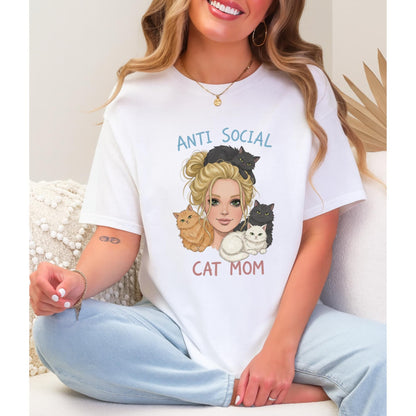 Anti Social Cat Mom T-Shirt, Cute Cat Lover Tee, Introvert Cat Mom Graphic Shirt, Funny Cat Lady Top, Gift for Cat Moms, Vintage Cat Tee