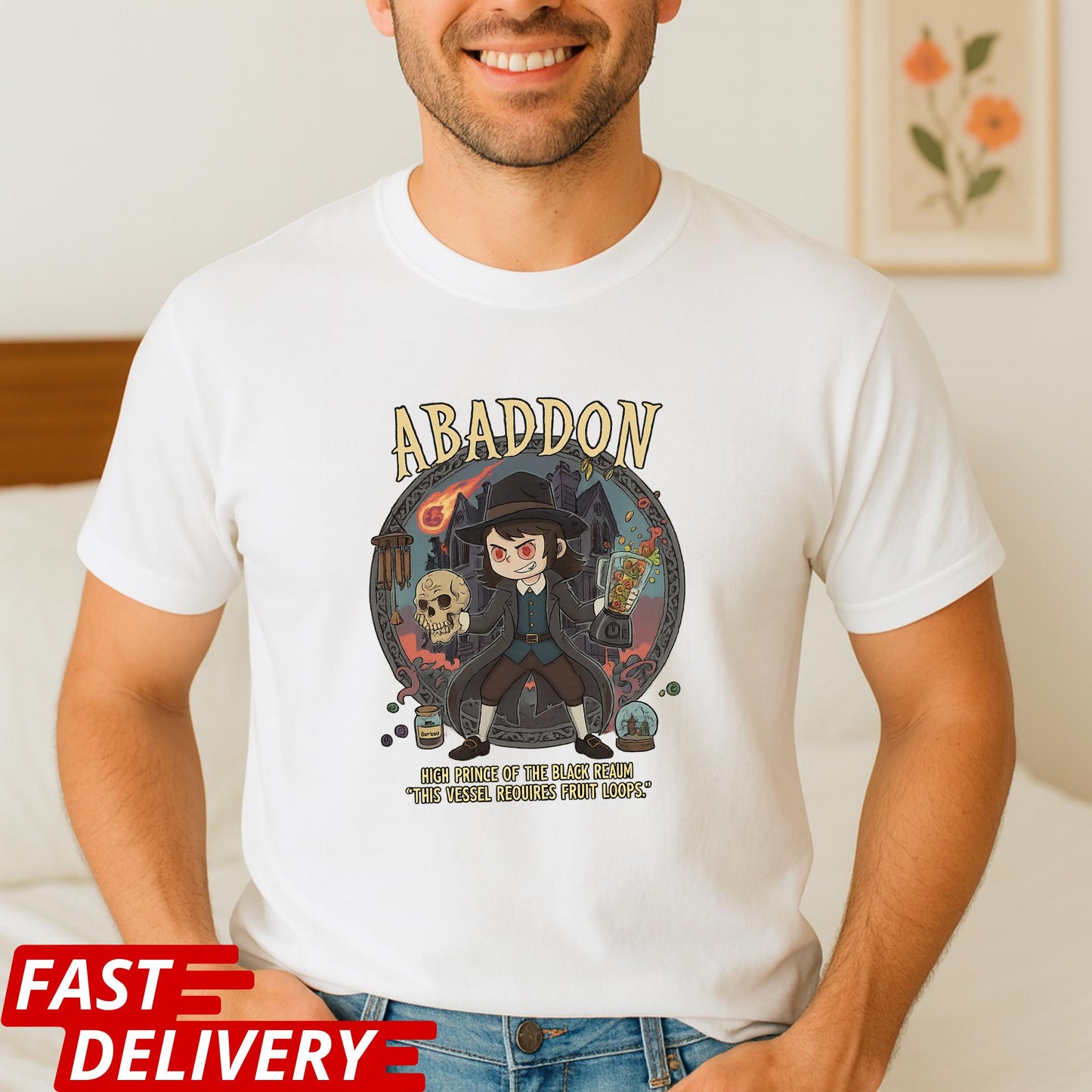 High Prince Of The Black Realm, This Vessel Requires Fruit Loops Tee, Haunted Hotel Abaddon Cartoon Inspired Custom T-shirt Dark Horror Tee