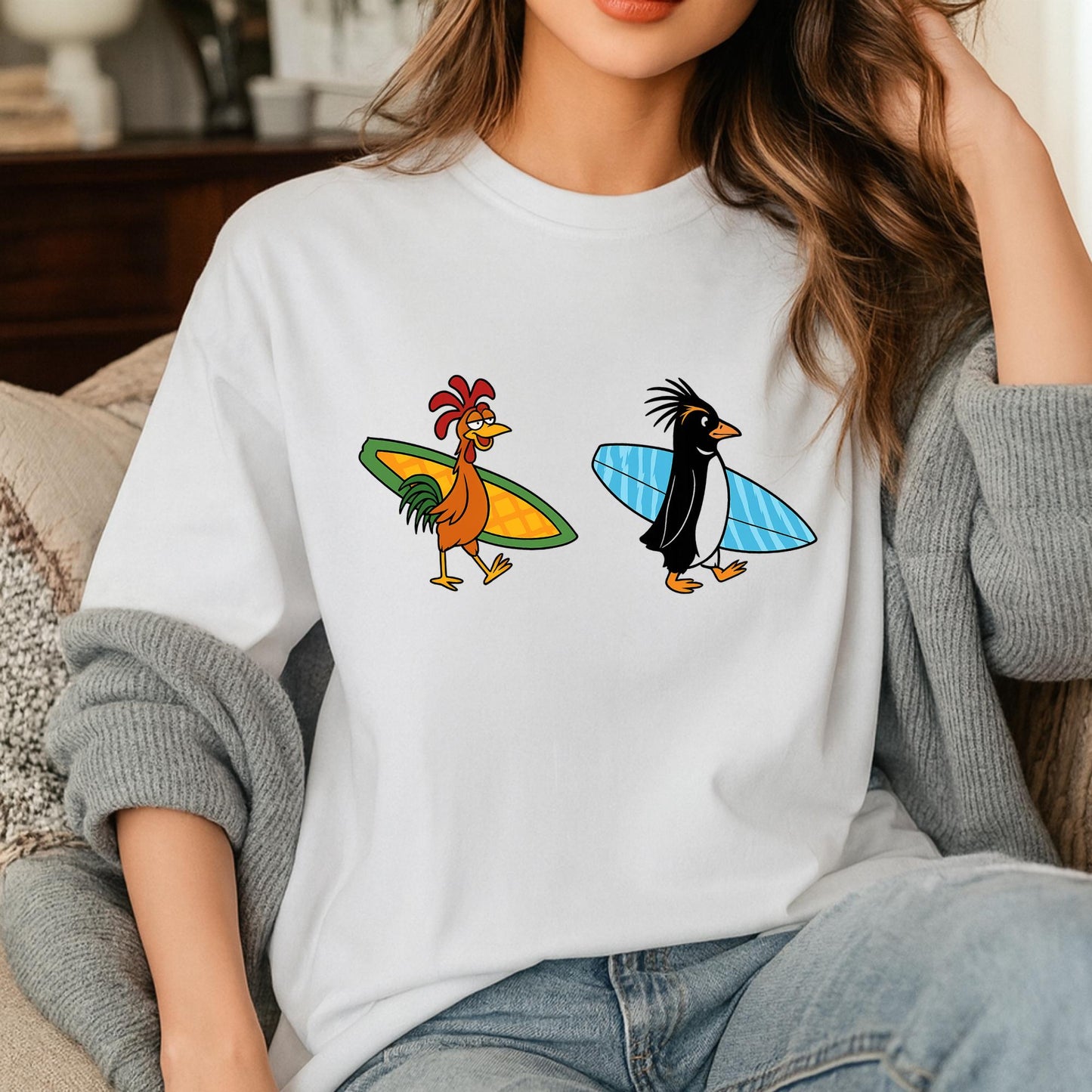 Surf Chicken & Penguin T-Shirt, Funny Surf Duo Tee, Beach Vibes Graphic Shirt, Summer Surf Lover Gift