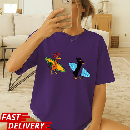 Surf Chicken & Penguin T-Shirt, Funny Surf Duo Tee, Beach Vibes Graphic Shirt, Summer Surf Lover Gift