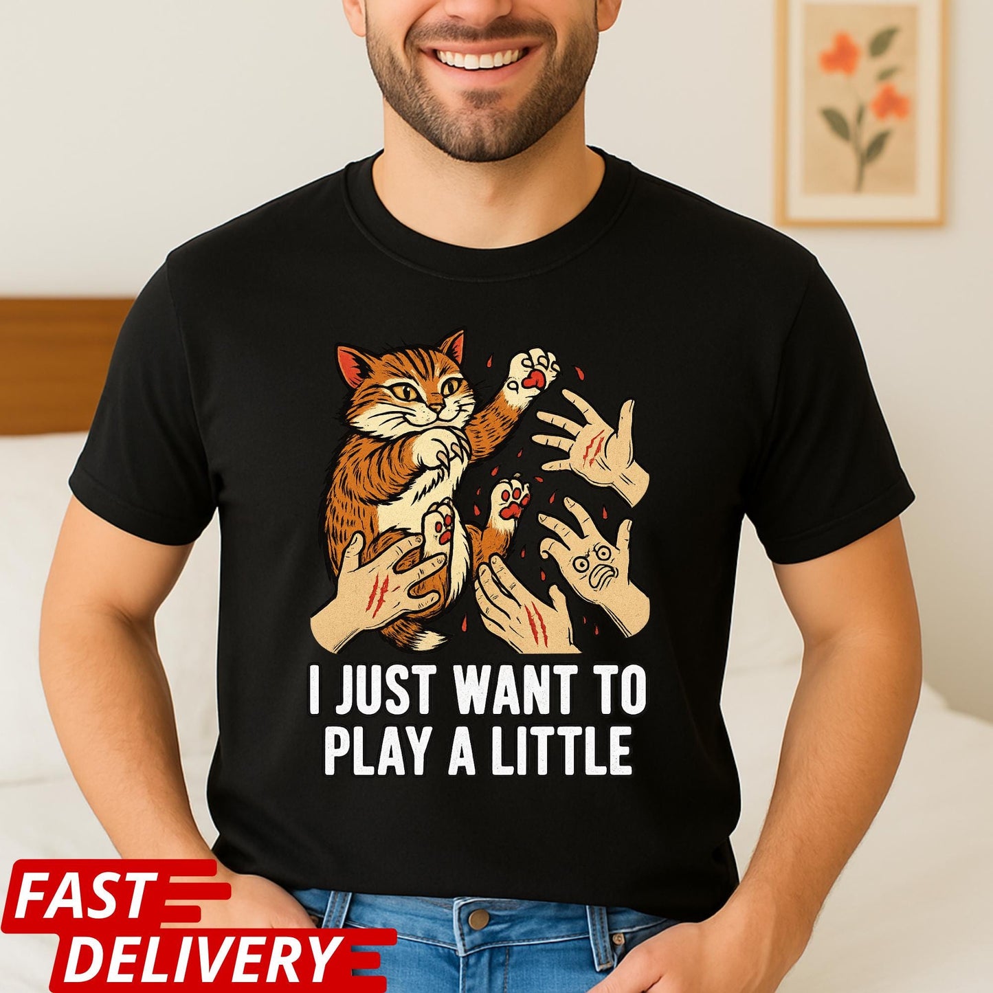 Funny Cat Shirt, I Just Want to Play a Little Tee, Cat Scratch Meme Shirt, Crazy Kitty Graphic Tee, Cat Lover Gift, Pet Owner Humor Top