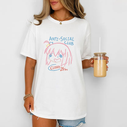 Anti Social Club Anime T-Shirt, Kawaii Sad Girl Tee, Funny Introvert Shirt, Closed 24hrs Graphic Tee, Pastel Aesthetic Anime Top