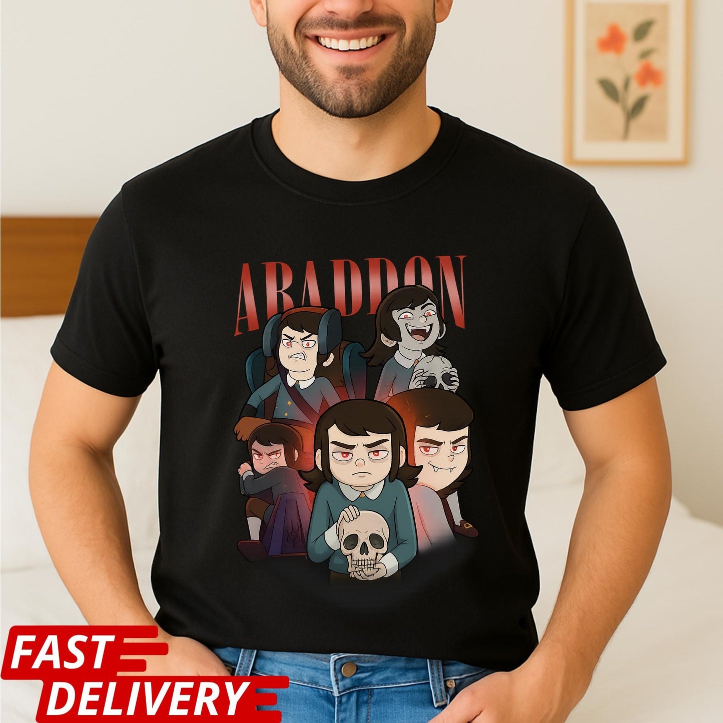 Abaddon Shirt, Haunted Hotel Cartoon T Shirt, Dark Gothic Graphic Tee, Spooky Demon Illustration, Unisex Meme Shirt