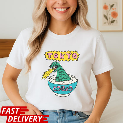 Tokyo Ramen Monster Shirt, Funny Japanese Food T-Shirt, Godzilla Noodle Bowl Tee, Kawaii Japan Graphic Tee, Cool Tokyo Streetwear
