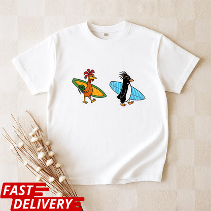 Surf Chicken & Penguin T-Shirt, Funny Surf Duo Tee, Beach Vibes Graphic Shirt, Summer Surf Lover Gift