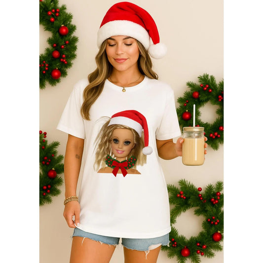 Messy Barbie Christmas Shirt, Funny Holiday Tee, Viral Meme Xmas T-Shirt, Santa Hat Barbie Top, Funny Christmas Gift For Her