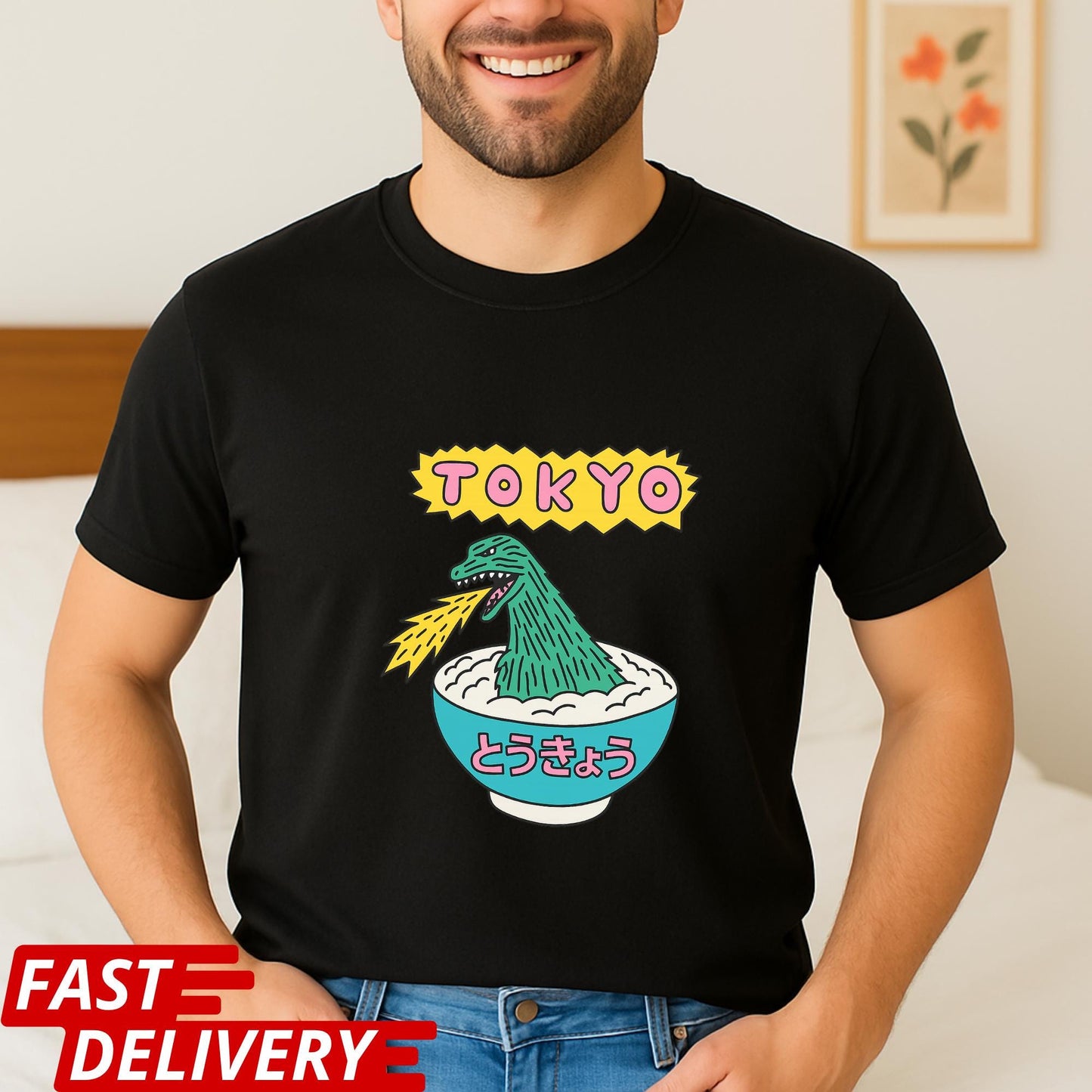 Tokyo Ramen Monster Shirt, Funny Japanese Food T-Shirt, Godzilla Noodle Bowl Tee, Kawaii Japan Graphic Tee, Cool Tokyo Streetwear