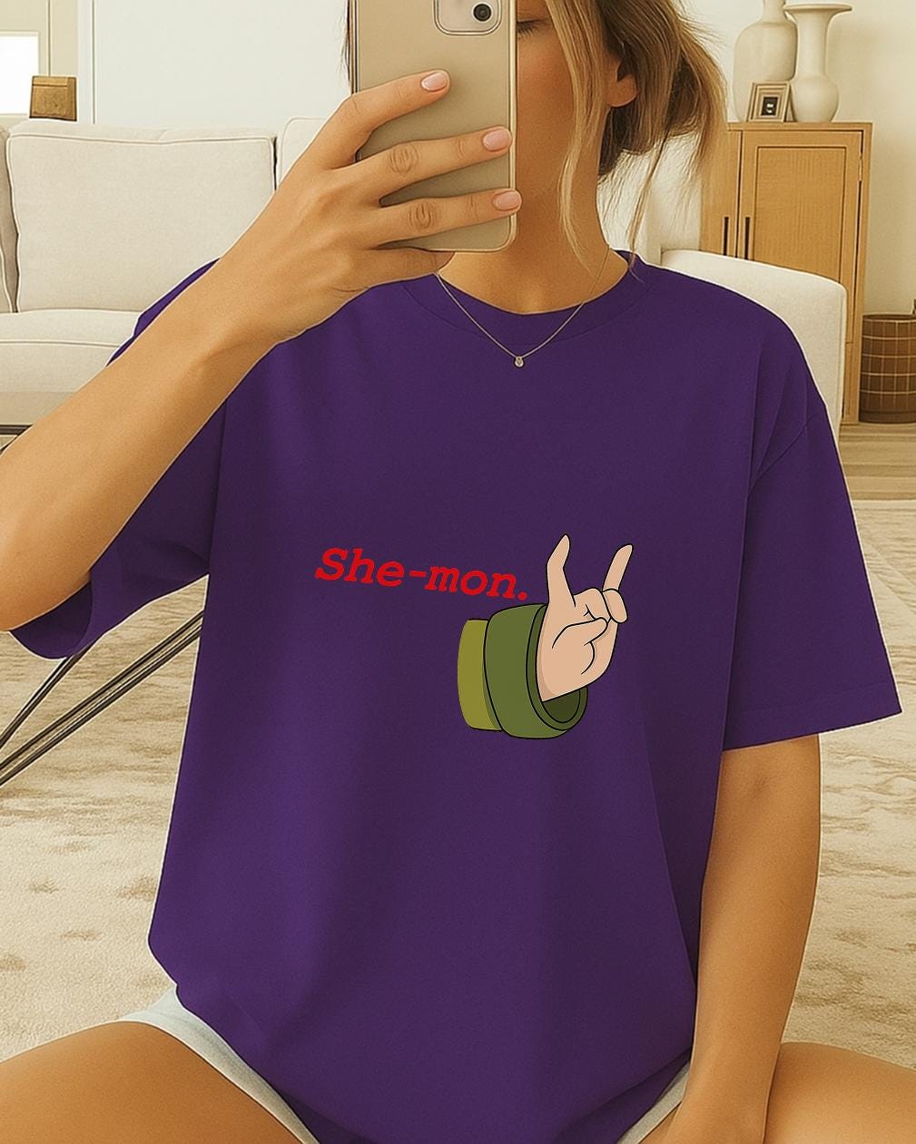 Haunted Hotel She-mon Shirt, Horror Comedy T-Shirt, Funny Dark Humor Tee, Cartoon Hand Gesture Shirt, Unisex Graphic Tee