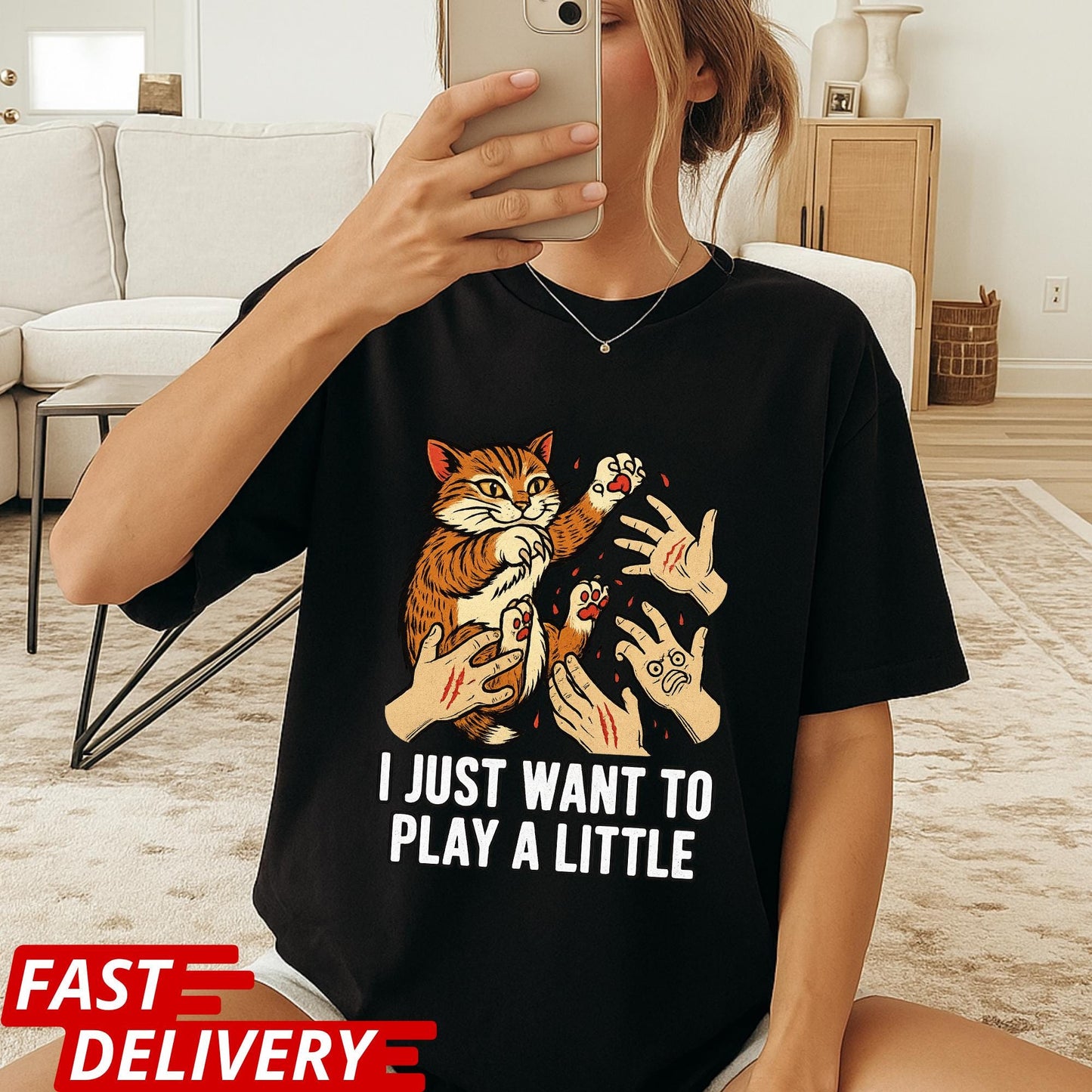Funny Cat Shirt, I Just Want to Play a Little Tee, Cat Scratch Meme Shirt, Crazy Kitty Graphic Tee, Cat Lover Gift, Pet Owner Humor Top