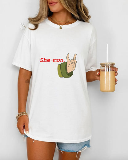 Haunted Hotel She-mon Shirt, Horror Comedy T-Shirt, Funny Dark Humor Tee, Cartoon Hand Gesture Shirt, Unisex Graphic Tee