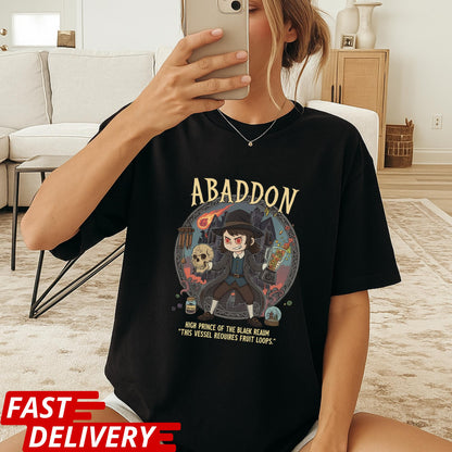 High Prince Of The Black Realm, This Vessel Requires Fruit Loops Tee, Haunted Hotel Abaddon Cartoon Inspired Custom T-shirt Dark Horror Tee