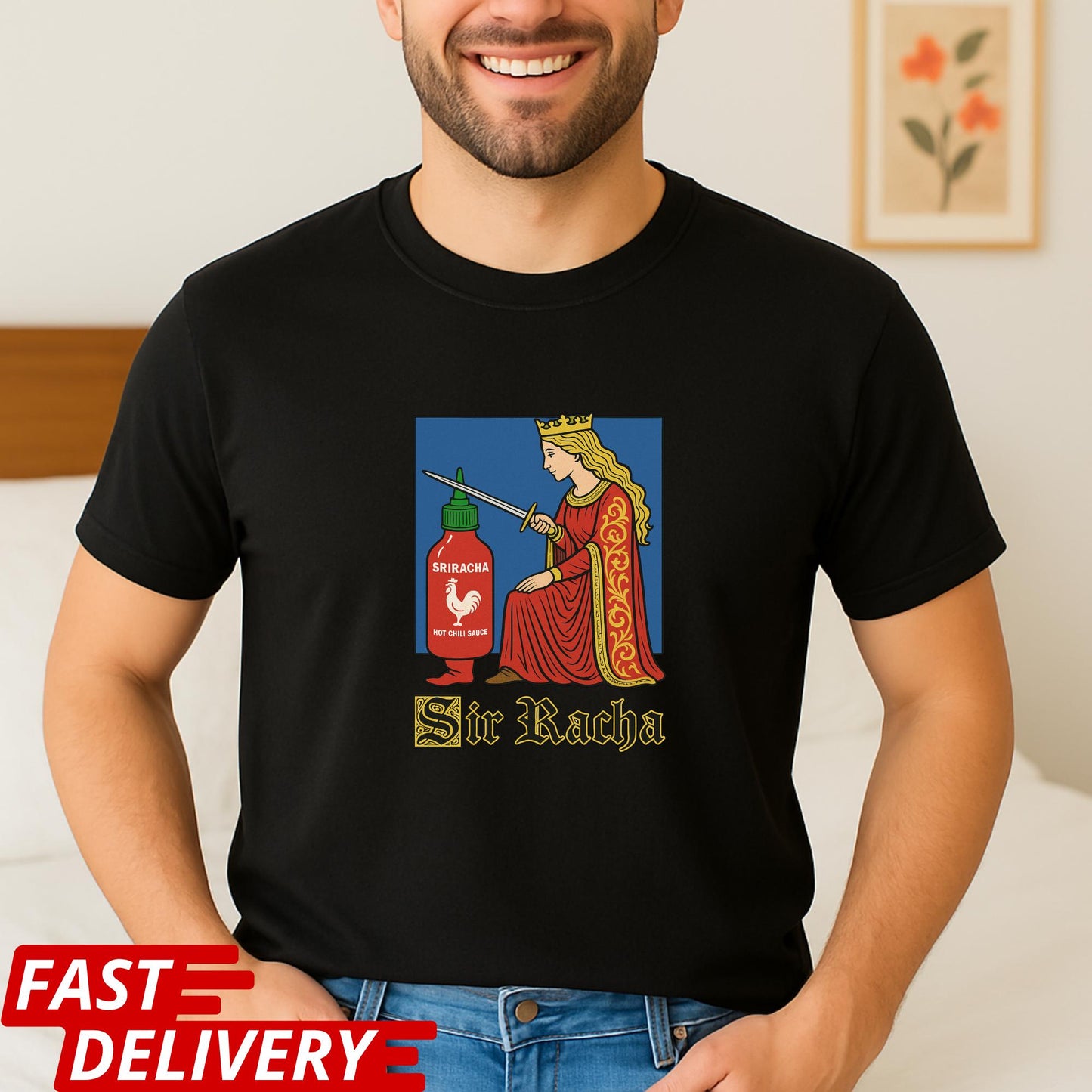 Funny Sriracha Shirt, Medieval Style Hot Sauce Tee, Sir Racha Graphic Tee, Foodie Shirt, Hot Sauce Lover Gift, Vintage Art Parody