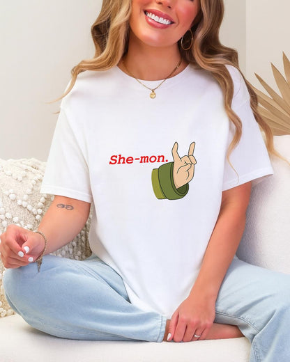 Haunted Hotel She-mon Shirt, Horror Comedy T-Shirt, Funny Dark Humor Tee, Cartoon Hand Gesture Shirt, Unisex Graphic Tee