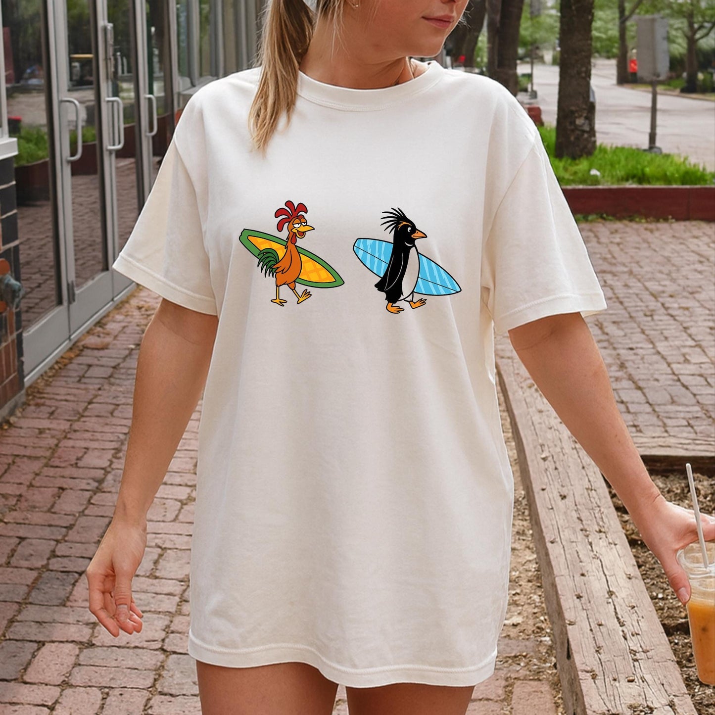 Surf Chicken & Penguin T-Shirt, Funny Surf Duo Tee, Beach Vibes Graphic Shirt, Summer Surf Lover Gift