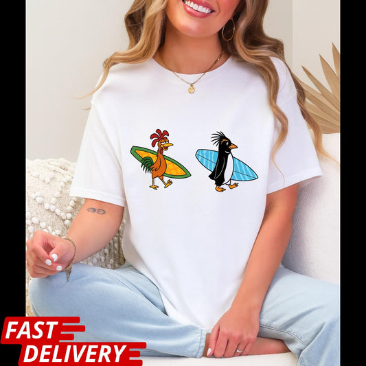 Surf Chicken & Penguin T-Shirt, Funny Surf Duo Tee, Beach Vibes Graphic Shirt, Summer Surf Lover Gift