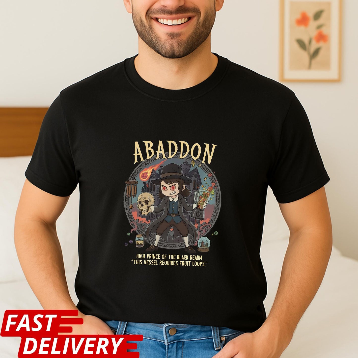 High Prince Of The Black Realm, This Vessel Requires Fruit Loops Tee, Haunted Hotel Abaddon Cartoon Inspired Custom T-shirt Dark Horror Tee
