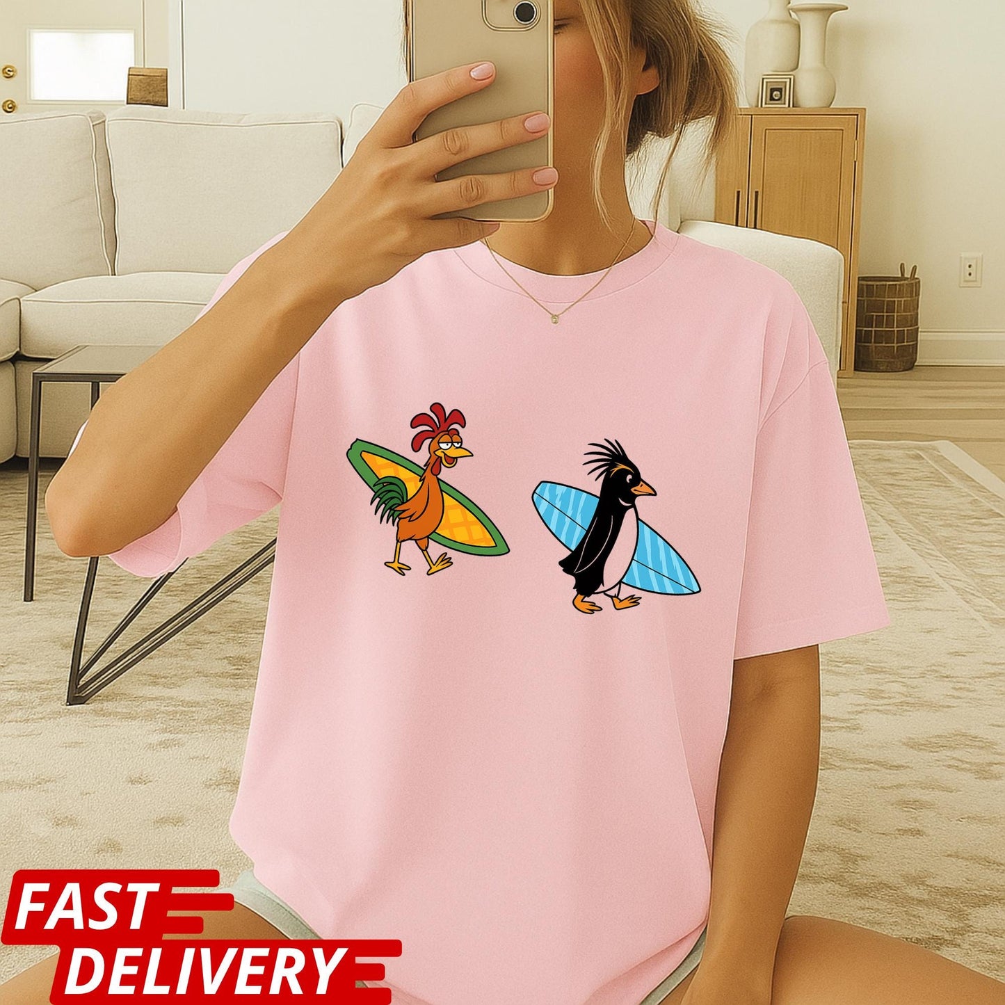 Surf Chicken & Penguin T-Shirt, Funny Surf Duo Tee, Beach Vibes Graphic Shirt, Summer Surf Lover Gift