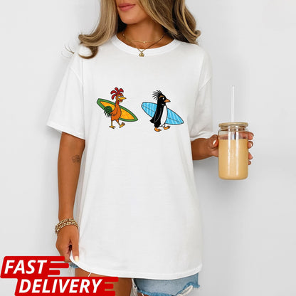 Surf Chicken & Penguin T-Shirt, Funny Surf Duo Tee, Beach Vibes Graphic Shirt, Summer Surf Lover Gift