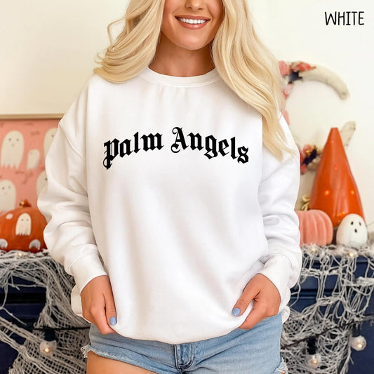 Palm Angels Inspired Sweatshirt, Streetwear Oversized Pullover, Gothic Font Aesthetic Sweater, Unisex Cozy Top, Trendy Fall Winter Outfit