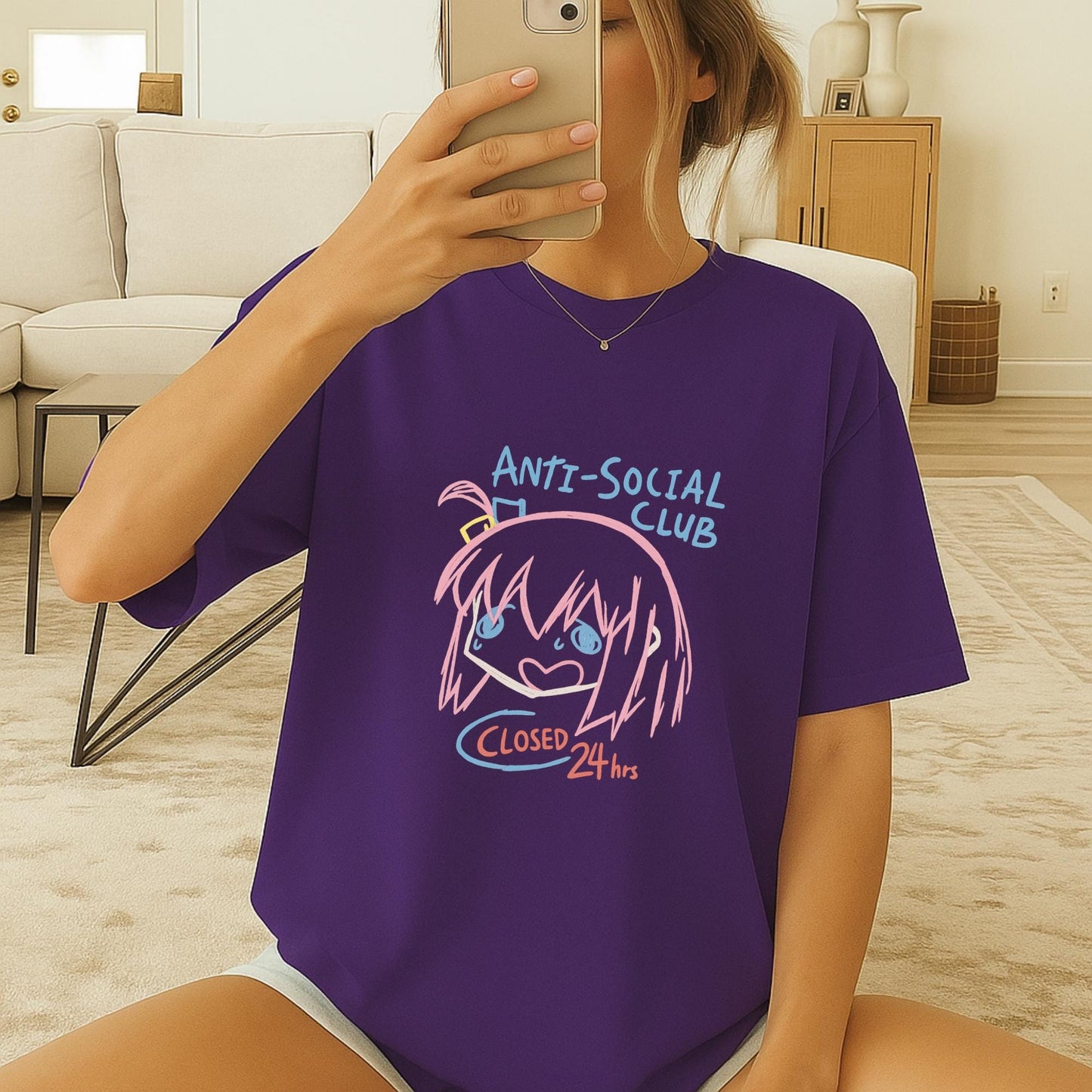 Anti Social Club Anime T-Shirt, Kawaii Sad Girl Tee, Funny Introvert Shirt, Closed 24hrs Graphic Tee, Pastel Aesthetic Anime Top