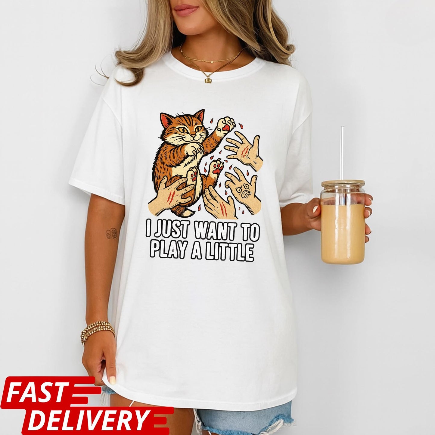 Funny Cat Shirt, I Just Want to Play a Little Tee, Cat Scratch Meme Shirt, Crazy Kitty Graphic Tee, Cat Lover Gift, Pet Owner Humor Top