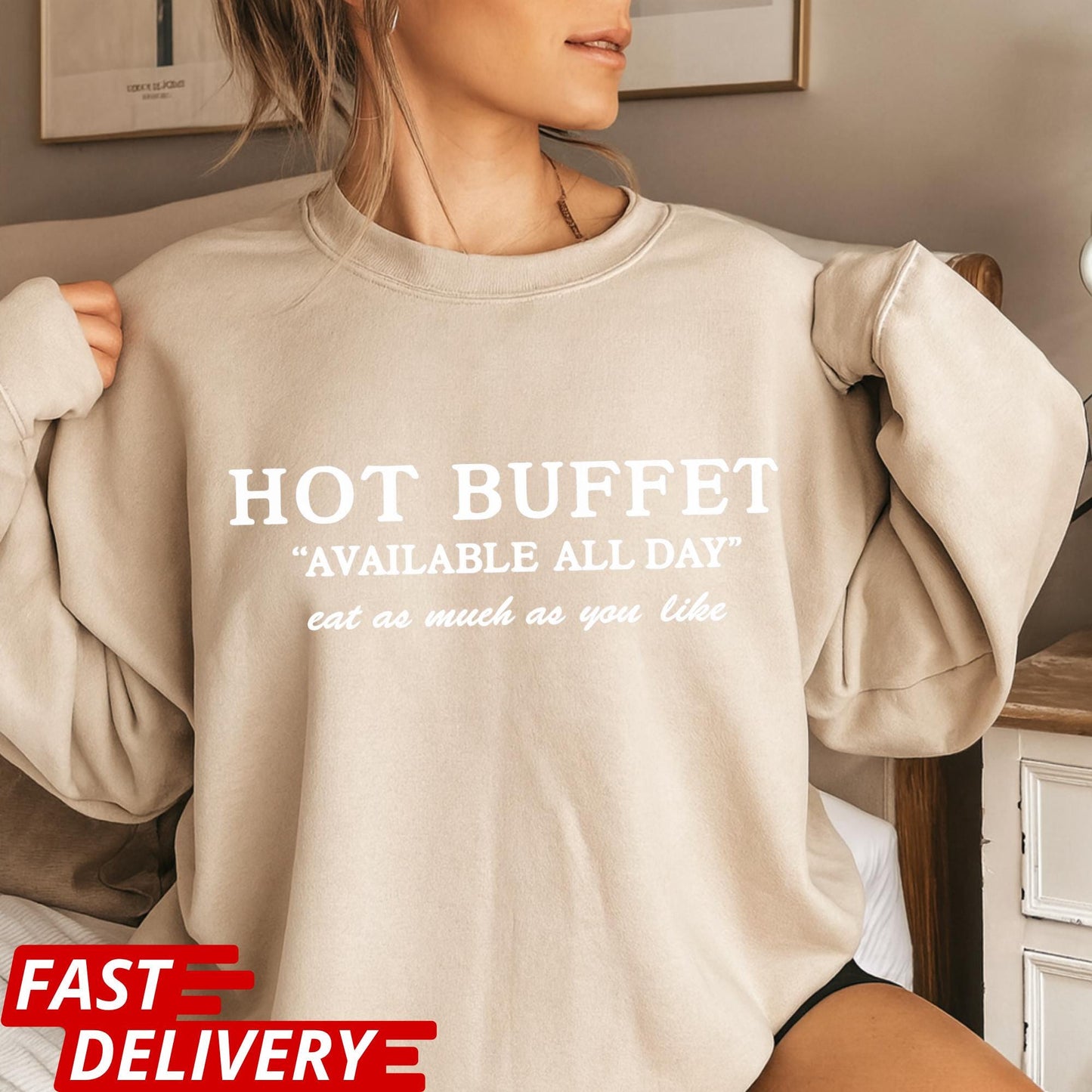 Hot Buffet Available All Day Shirt, Funny Text T Shirt, Meme Quote Tee, Y2K Humor Graphic Shirt Gift